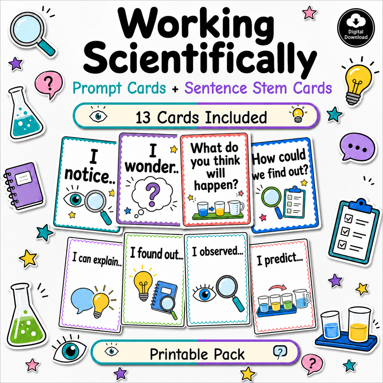 Working Scientifically: Year 1 Question Prompts & Sentence Stems – 13 Cards
