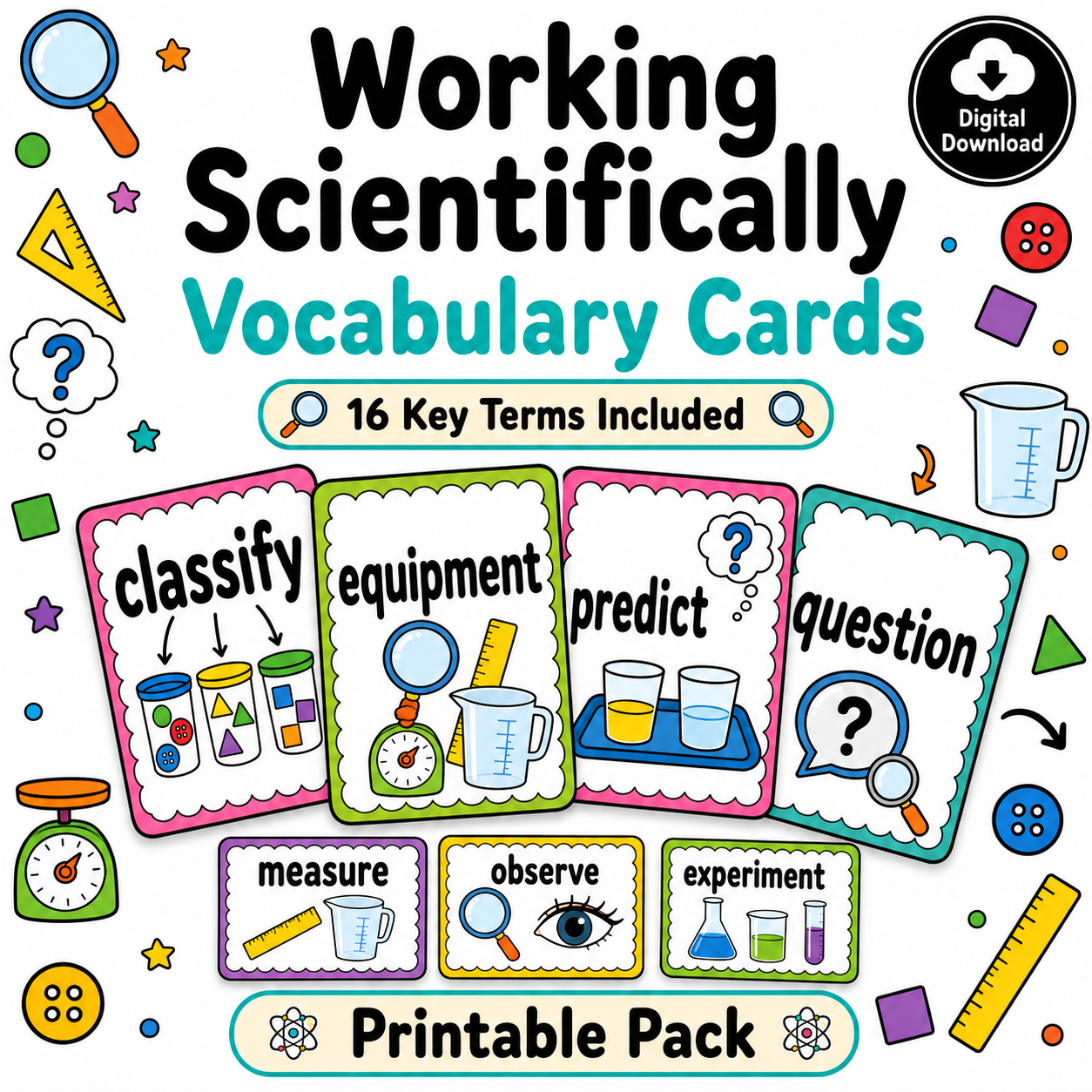 Working Scientifically: Year 1 Vocabulary Cards – 16 Key Science Terms