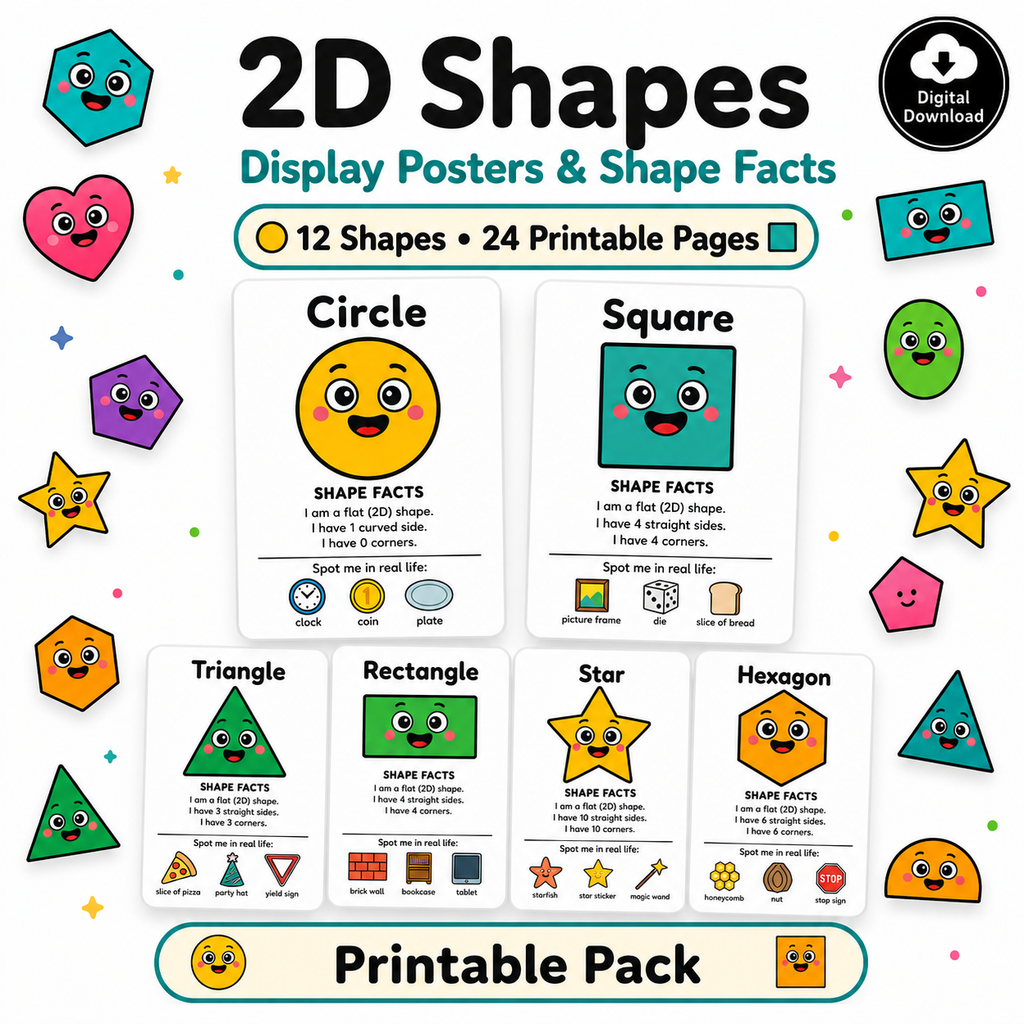 2D Shapes: Display Posters & Shape Facts – 24 Printable Pages