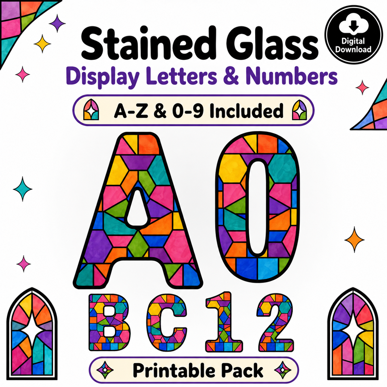 Stained Glass Window: Display Letters & Numbers (A–Z + 0–9)