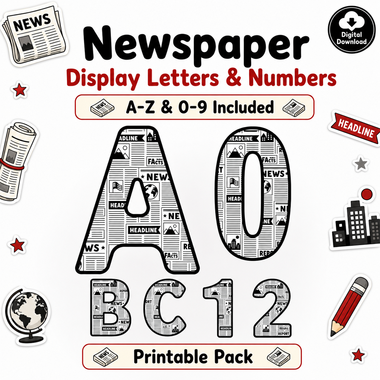 Non-fiction: Newspaper Display Letters & Numbers (A–Z + 0–9)