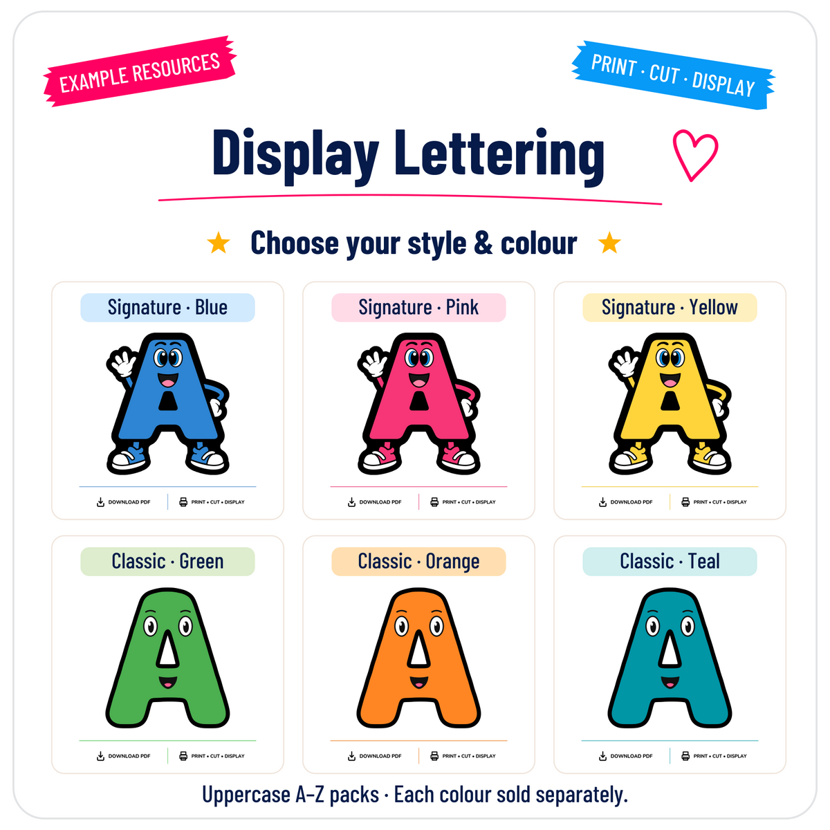 A promotional graphic for a display lettering product showing six color options for the uppercase letter A: Signature Blue, Signature Pink, Signature Yellow, Classic Green, Classic Orange, and Classic Teal. The layout includes labels, decorative banners, and small preview cards for each color variant.