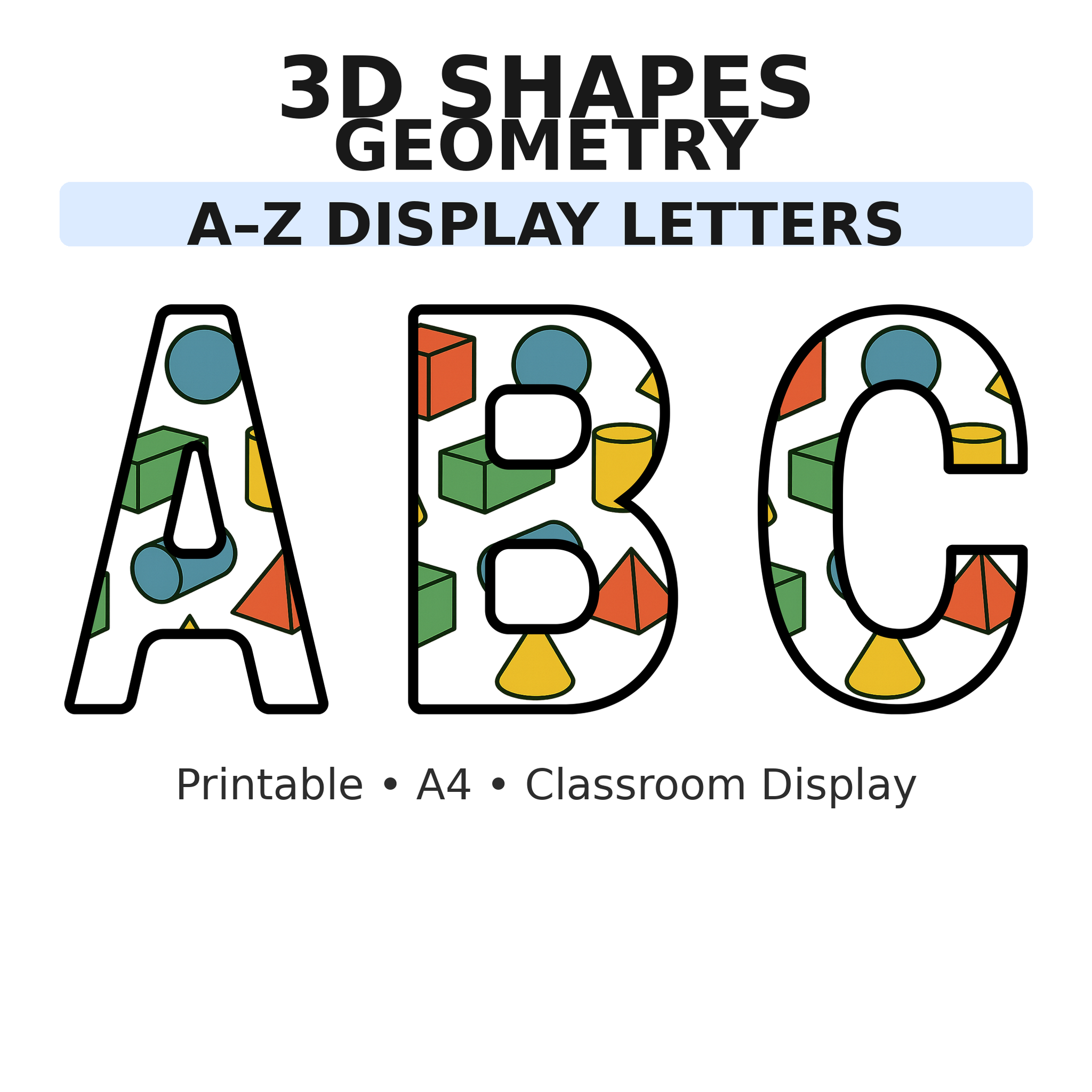 3D Shapes Maths Display Board Letters | A–Z Alphabet | Printable KS1 Classroom Display | PDF