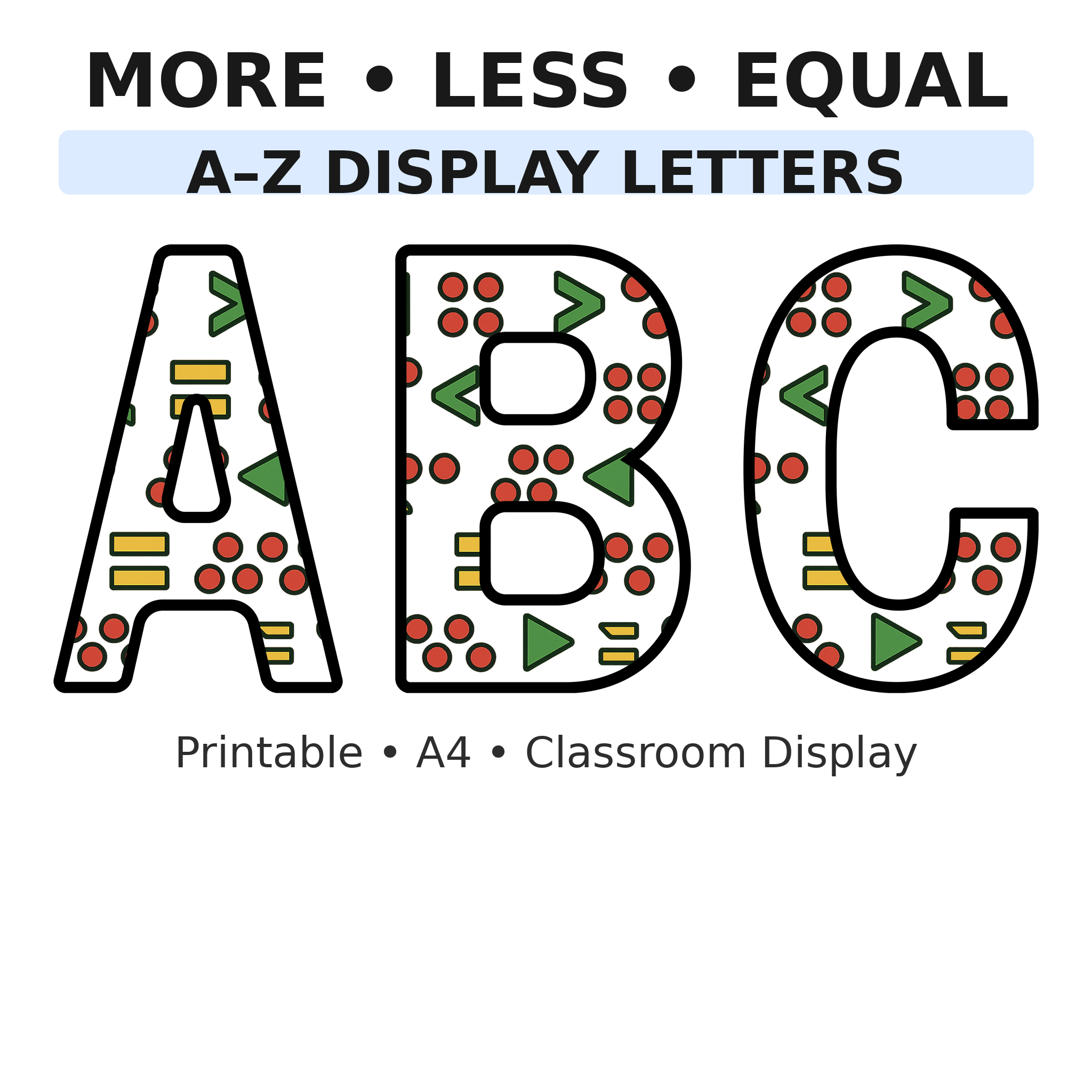More, Less & Equal Maths Display Board Letters | A–Z Alphabet | Printable KS1 Classroom Display | PDF